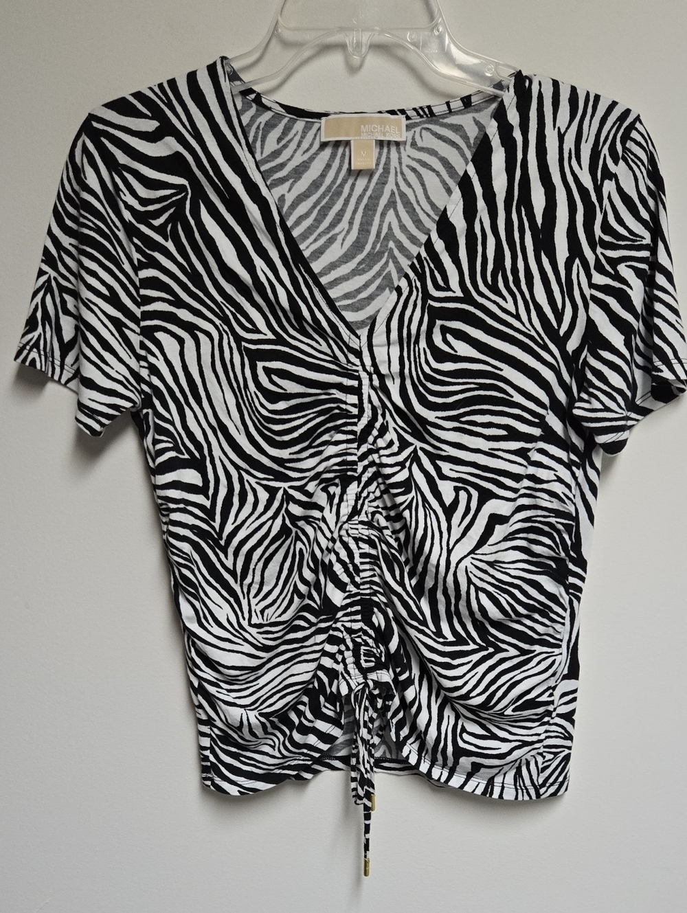 Michael Kors Black and White Zebra Ruched V-Neck Tee Size Medium